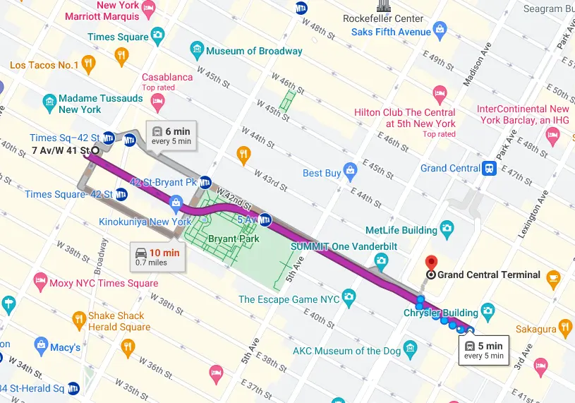 Route on map from Times Square to Grand Central Station